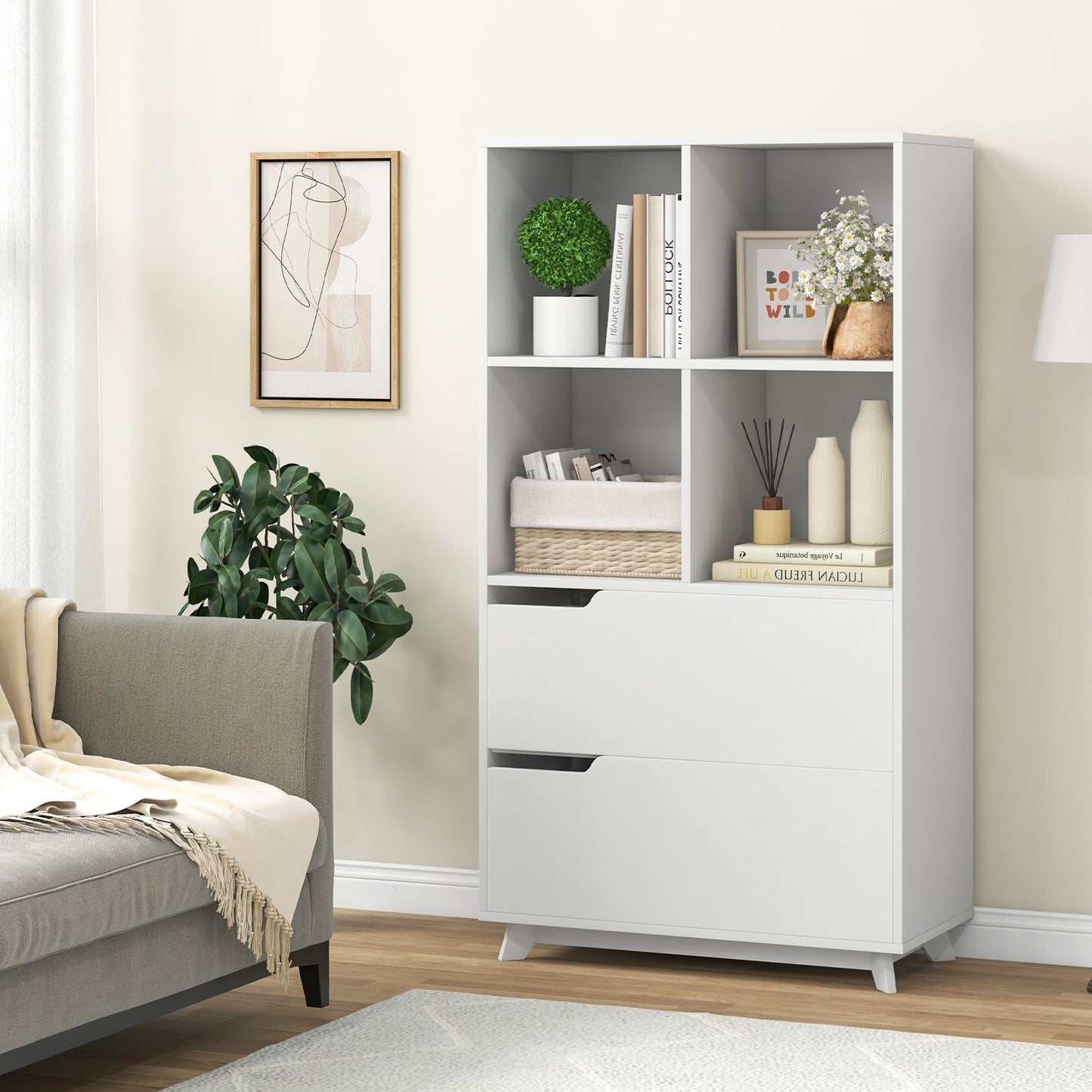 4-Tier Open Bookcase with 2 Drawers and 4 Storage Cubes, White Bookcases at Gallery Canada
