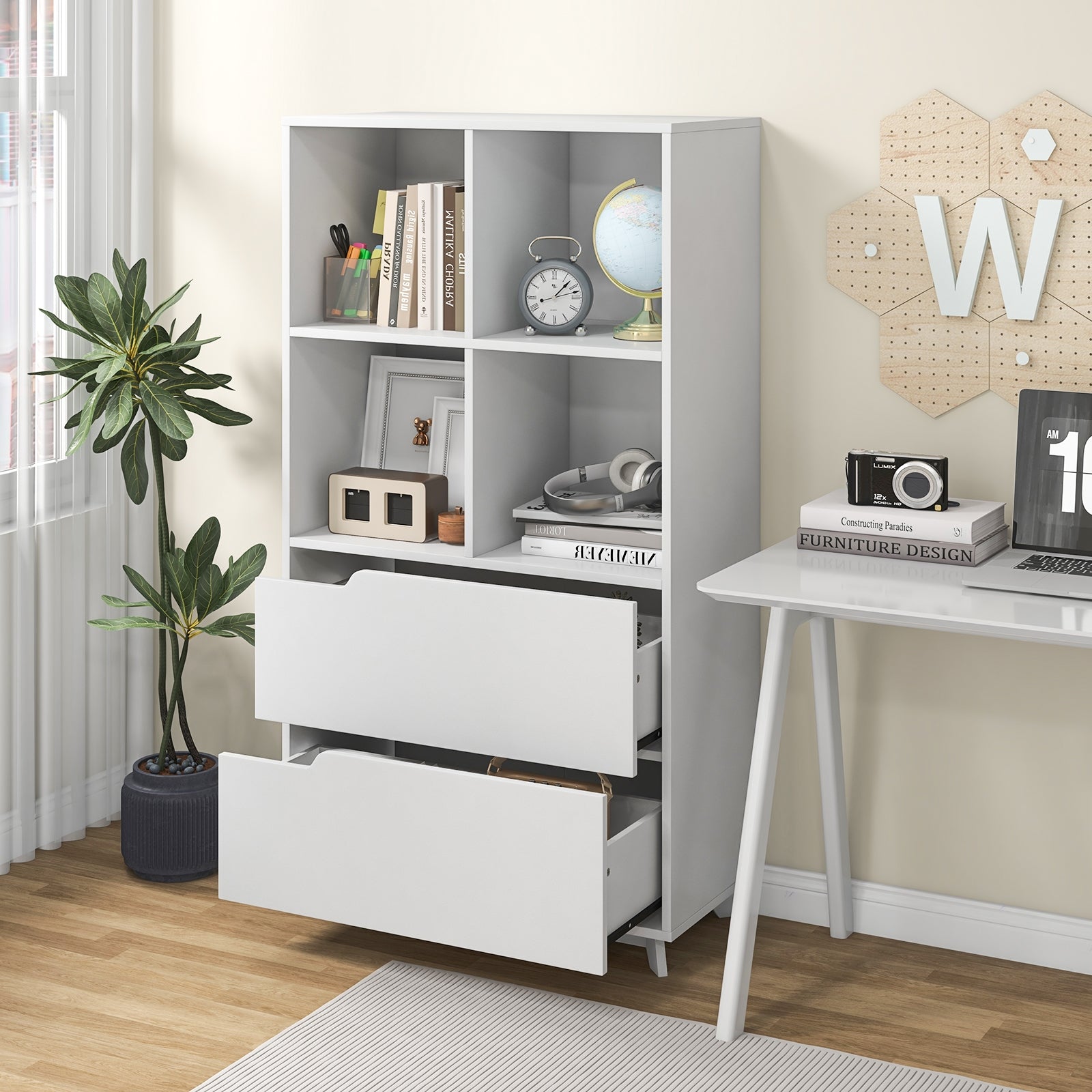 4-Tier Open Bookcase with 2 Drawers and 4 Storage Cubes, White Bookcases at Gallery Canada