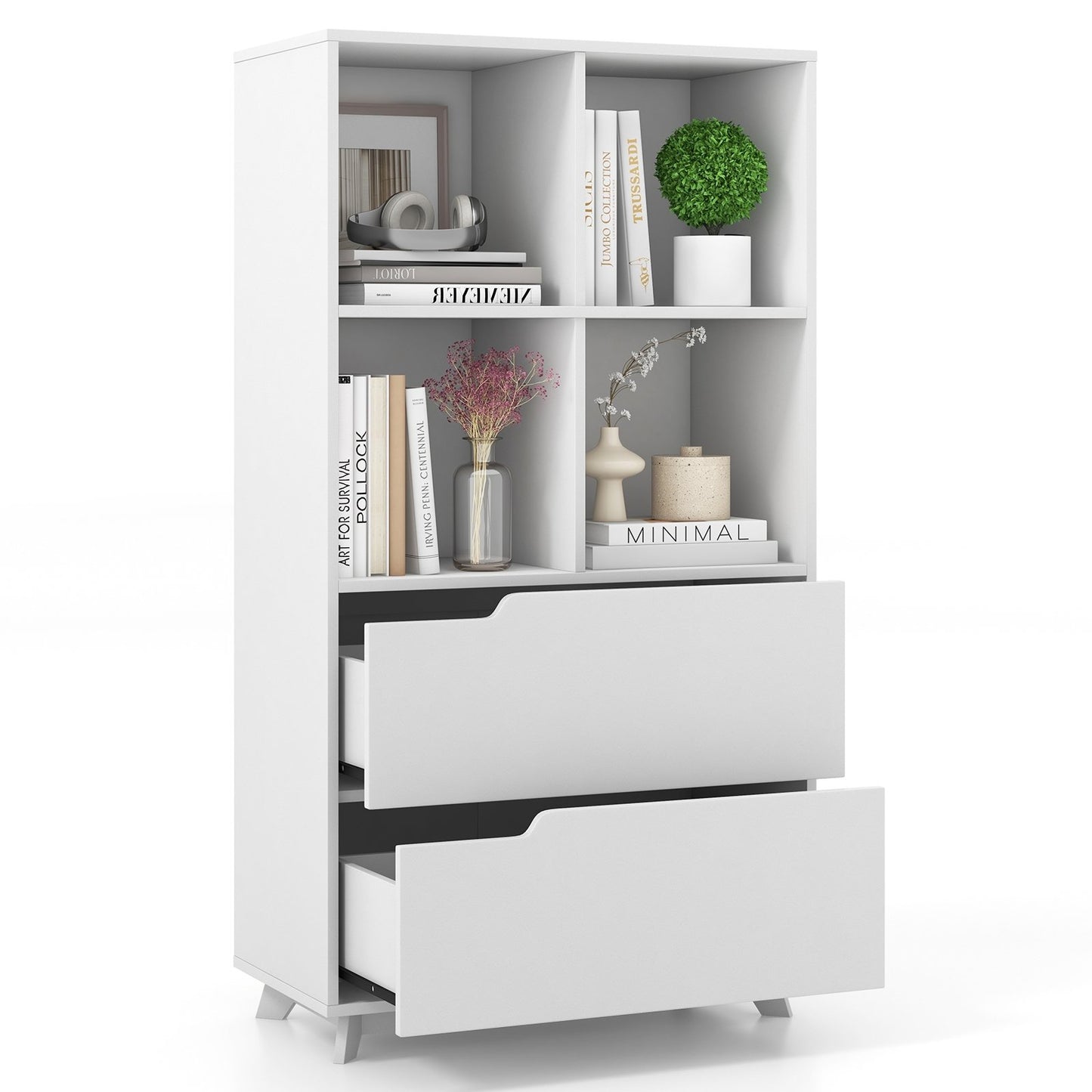 4-Tier Open Bookcase with 2 Drawers and 4 Storage Cubes, White