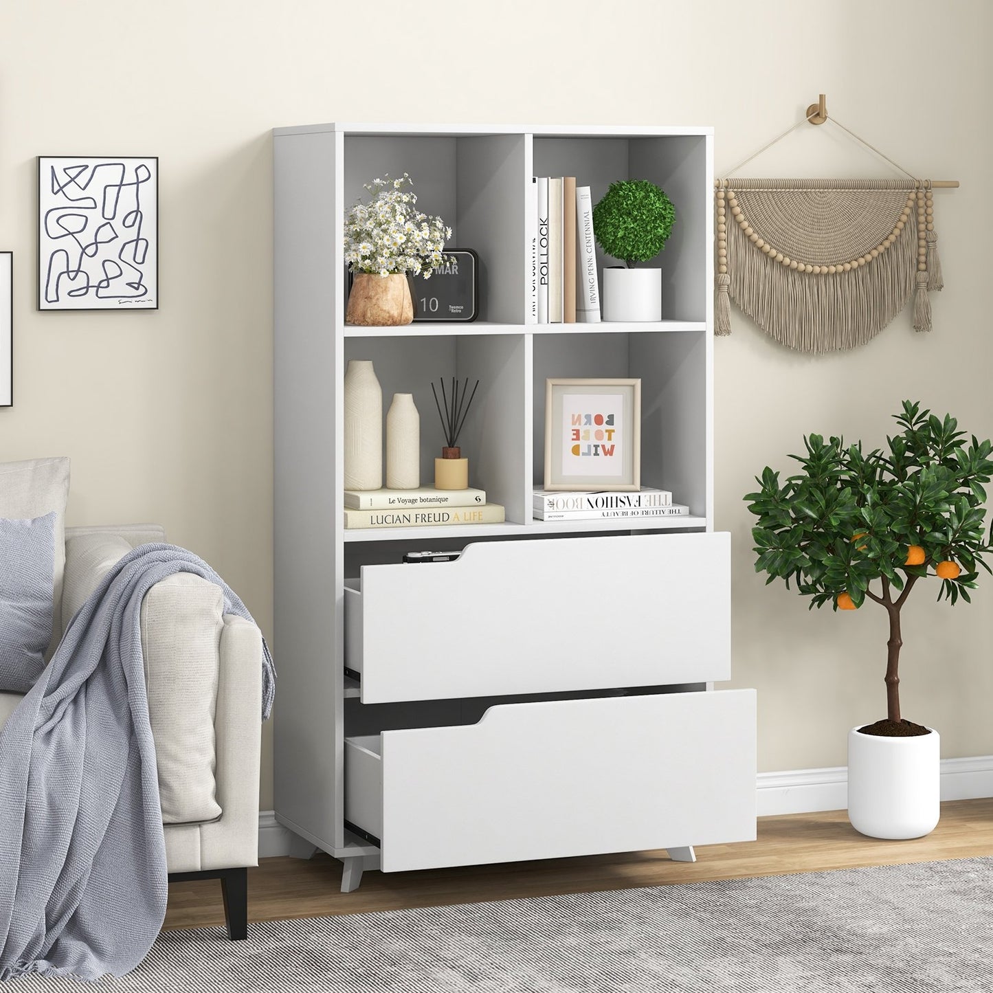 4-Tier Open Bookcase with 2 Drawers and 4 Storage Cubes, White