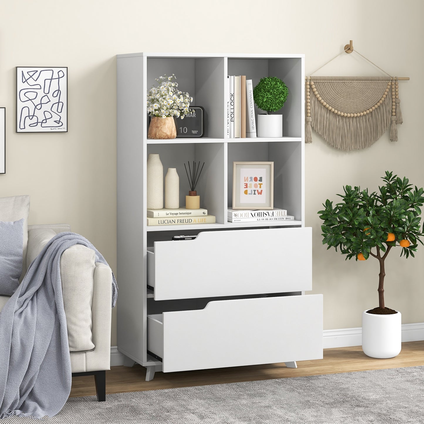 4-Tier Open Bookcase with 2 Drawers and 4 Storage Cubes, White Bookcases at Gallery Canada