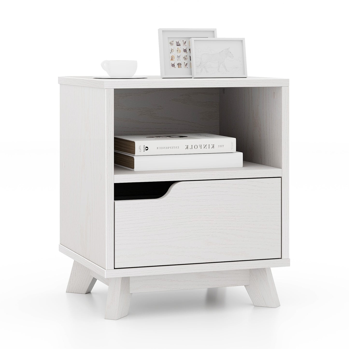 Mid Century Modern Bedside Table with Storage Drawer and Open Shelf, White End & Side Tables White at Gallery Canada