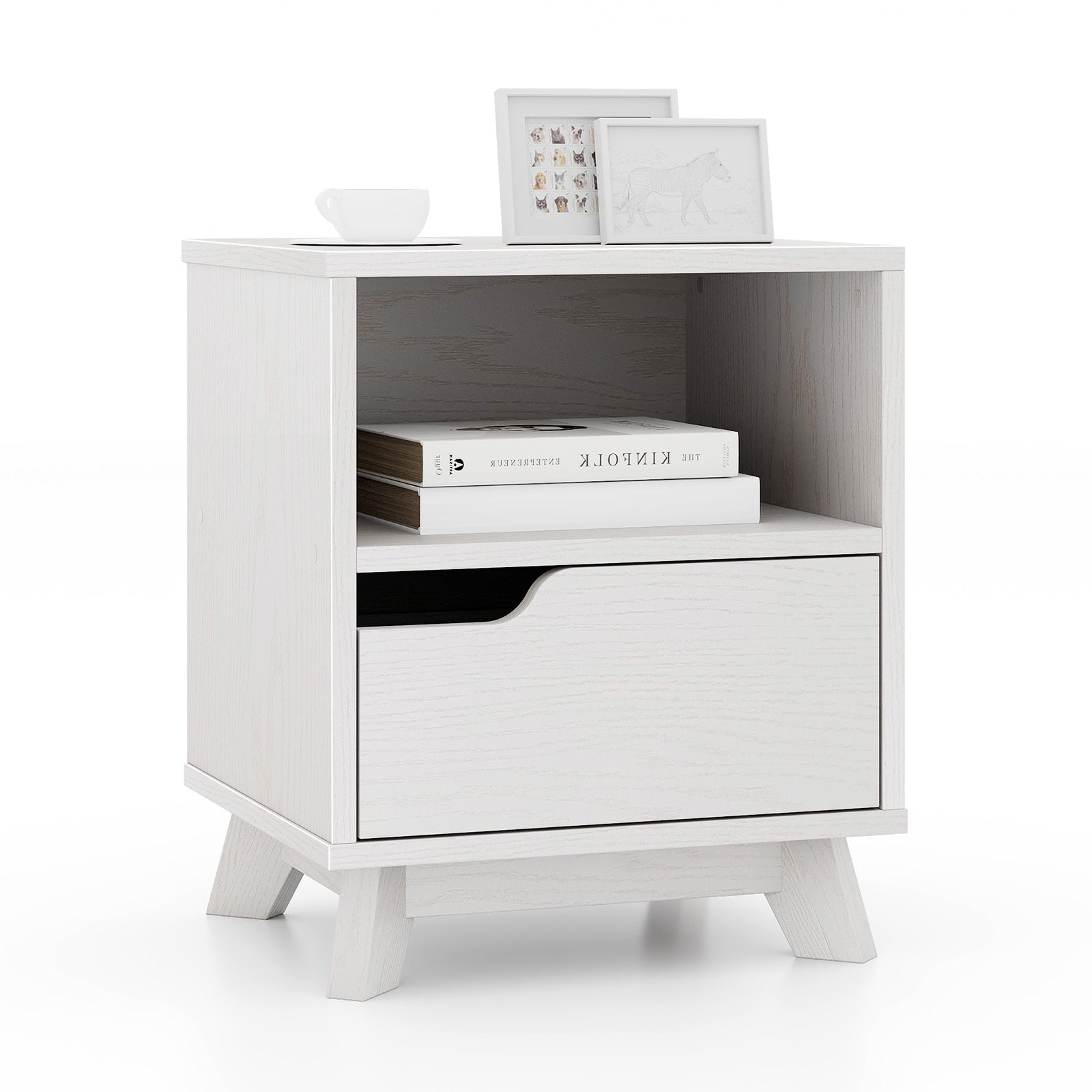 Mid Century Modern Bedside Table with Storage Drawer and Open Shelf, White End & Side Tables White at Gallery Canada