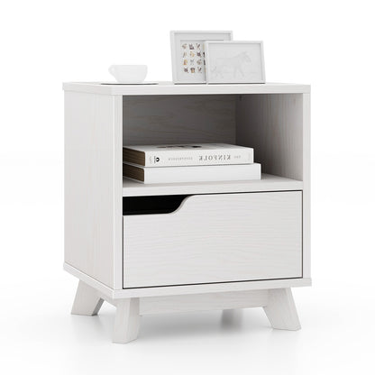 Mid Century Modern Bedside Table with Storage Drawer and Open Shelf, White End & Side Tables White at Gallery Canada