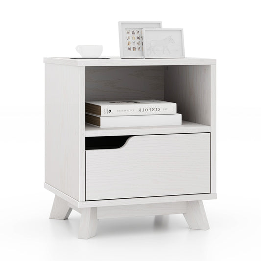 Mid Century Modern Bedside Table with Storage Drawer and Open Shelf, White End & Side Tables White at Gallery Canada