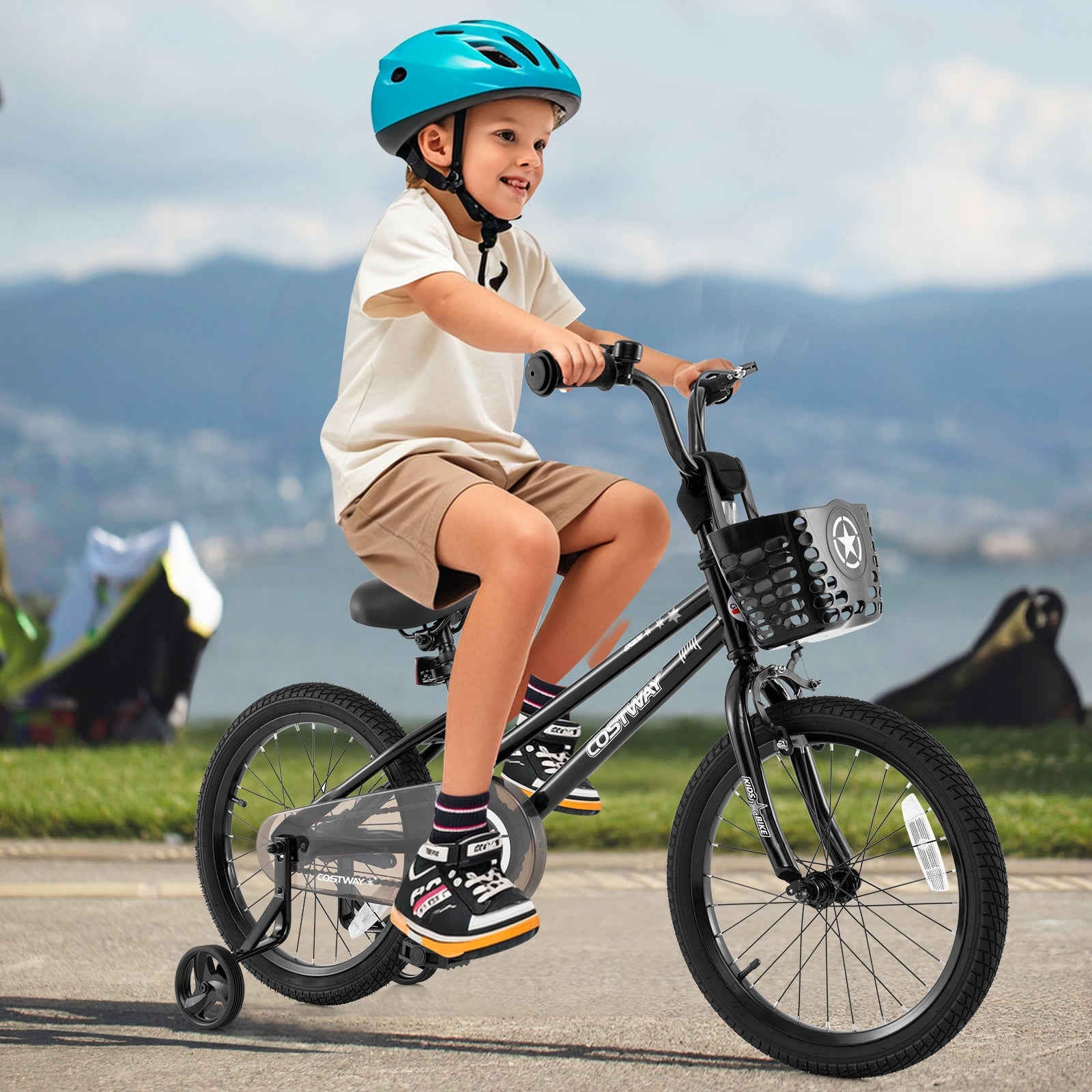18 Inch Kids Bike with Basket and Training Wheels for Children Aged 4-8 Years Old, Black Kids Bike at Gallery Canada