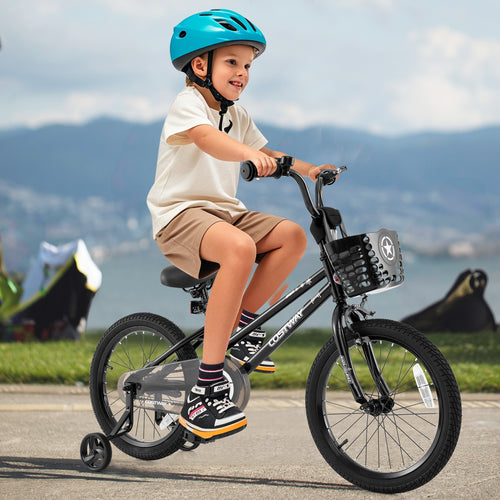 18 Inch Kids Bike with Basket and Training Wheels for Children Aged 4-8 Years Old, Black