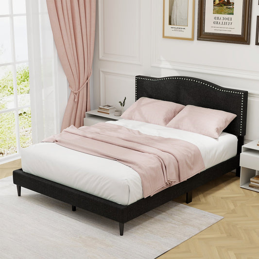 Queen Size Upholstered Bed Frame with Nailhead Trim Headboard-Queen Size, Black - Gallery Canada