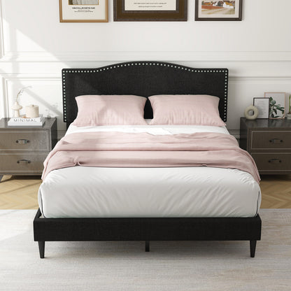 Queen Size Upholstered Bed Frame with Nailhead Trim Headboard-Queen Size, Black Simple Bed Frame at Gallery Canada