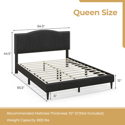 Queen Size Upholstered Bed Frame with Nailhead Trim Headboard-Queen Size, Black Simple Bed Frame at Gallery Canada