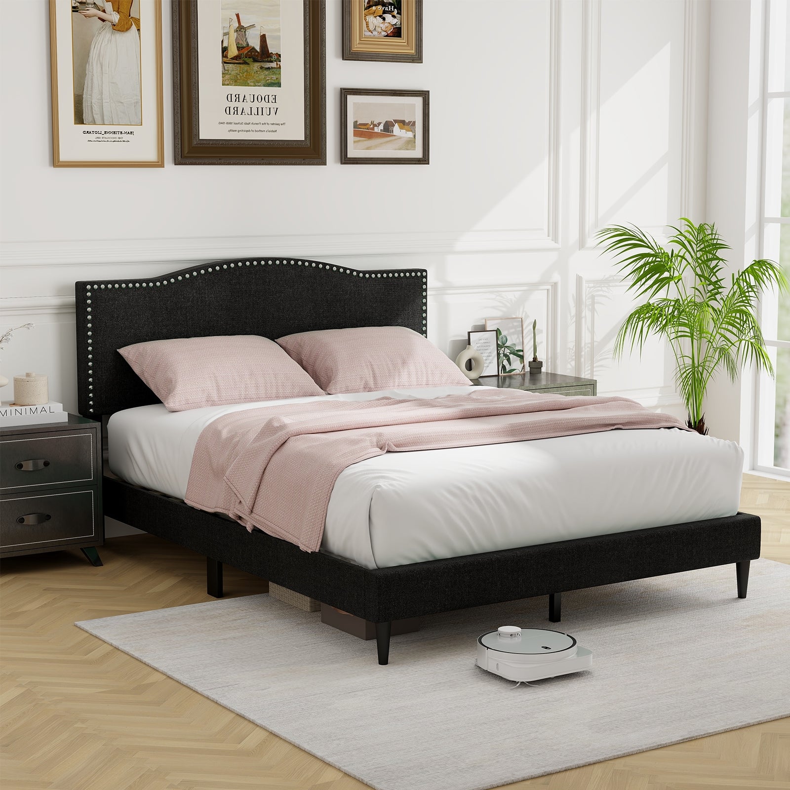 Queen Size Upholstered Bed Frame with Nailhead Trim Headboard-Queen Size, Black Simple Bed Frame at Gallery Canada
