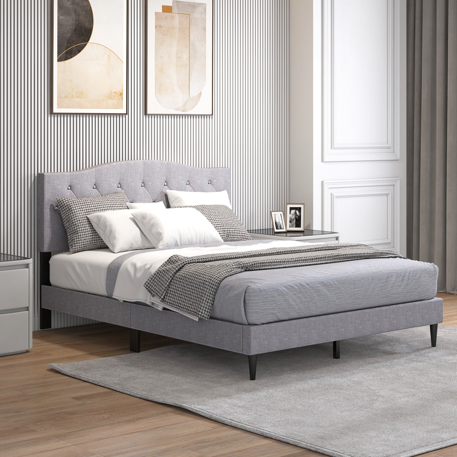 Queen Size Upholstered Platform Bed with Button Tufted Headboard-Queen Size, Gray Simple Bed Frame at Gallery Canada