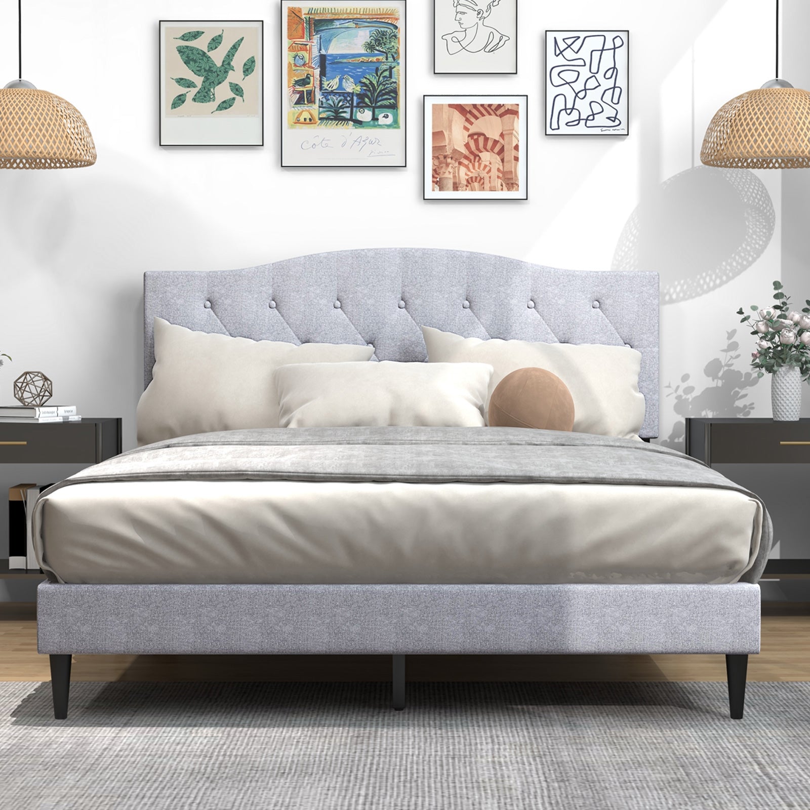 Queen Size Upholstered Platform Bed with Button Tufted Headboard-Queen Size, Gray Simple Bed Frame at Gallery Canada