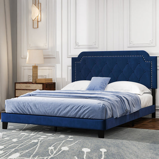 Queen Size Velvet Platform Bed with Button Tufted and Nailhead Trim Headboard-Queen Size, Blue - Gallery Canada