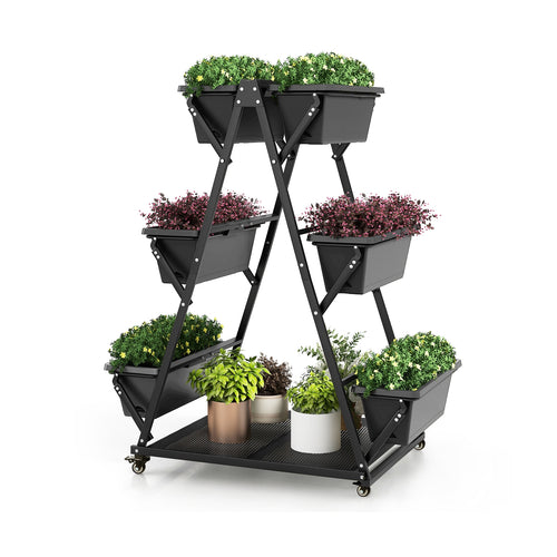 3-Tier Vertical Raised Garden Bed with 4 Wheels and 6 Container Boxes, Black