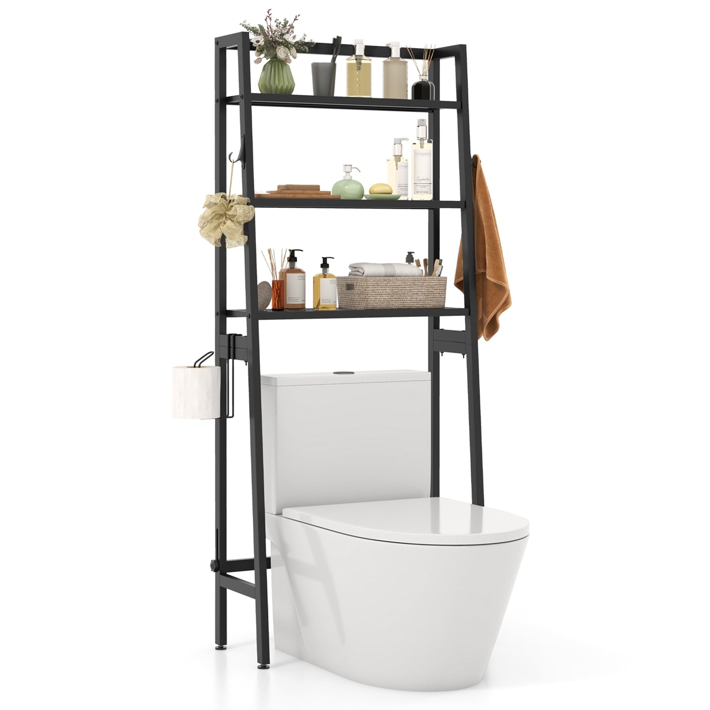 3-Tier Freestanding Over The Toilet Storage Shelf with Adjustable Bottom Bar, Black Bathroom Etagere Black at Gallery Canada