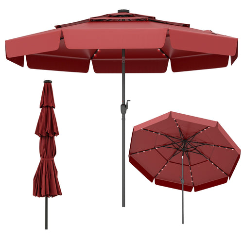 10 Feet Solar Patio Umbrella with 3-Tier Vented Top, Red