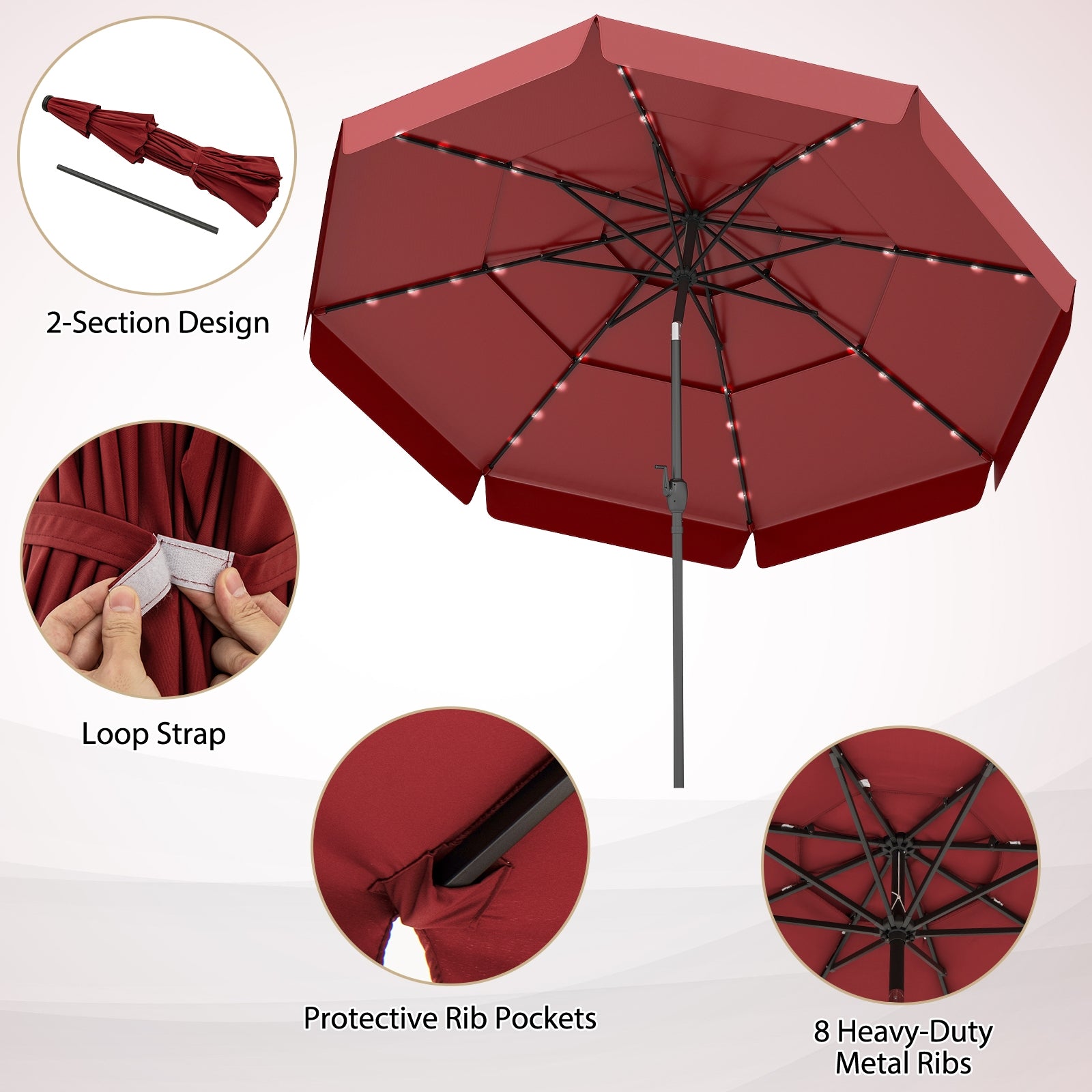 10 Feet Solar Patio Umbrella with 3-Tier Vented Top, Red Outdoor Umbrellas at Gallery Canada