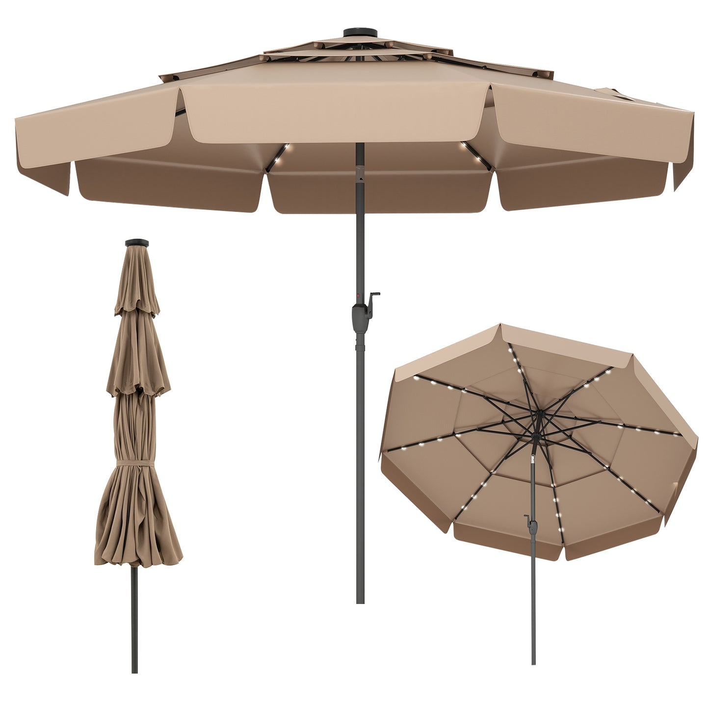 10 Feet Solar Patio Umbrella with 3-Tier Vented Top, Taupe Outdoor Umbrellas at Gallery Canada
