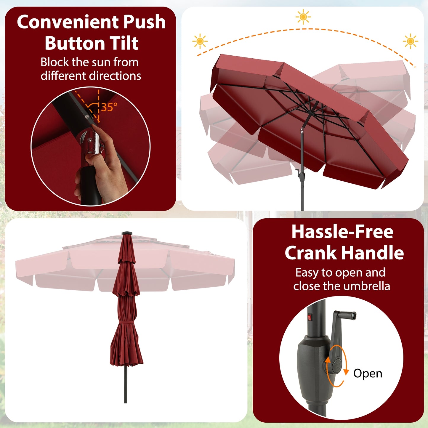 10 Feet Solar Patio Umbrella with 3-Tier Vented Top, Red Outdoor Umbrellas at Gallery Canada