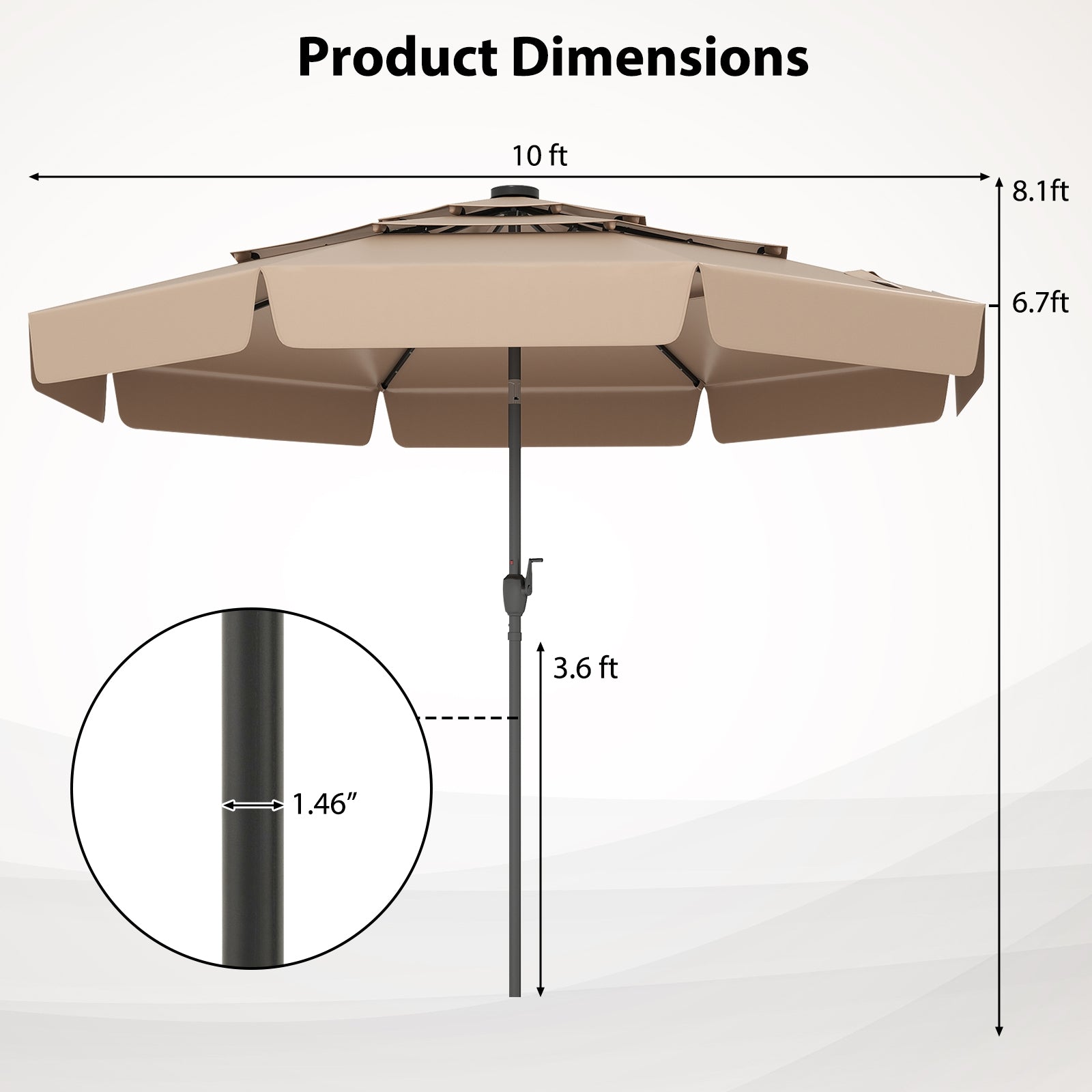 10 Feet Solar Patio Umbrella with 3-Tier Vented Top, Taupe Outdoor Umbrellas at Gallery Canada