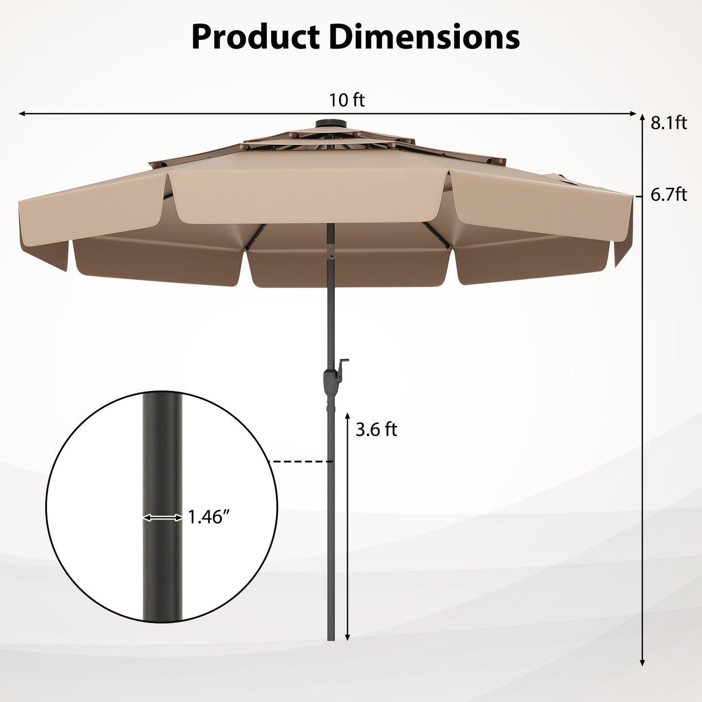 10 Feet Solar Patio Umbrella with 3-Tier Vented Top, Taupe Outdoor Umbrellas at Gallery Canada