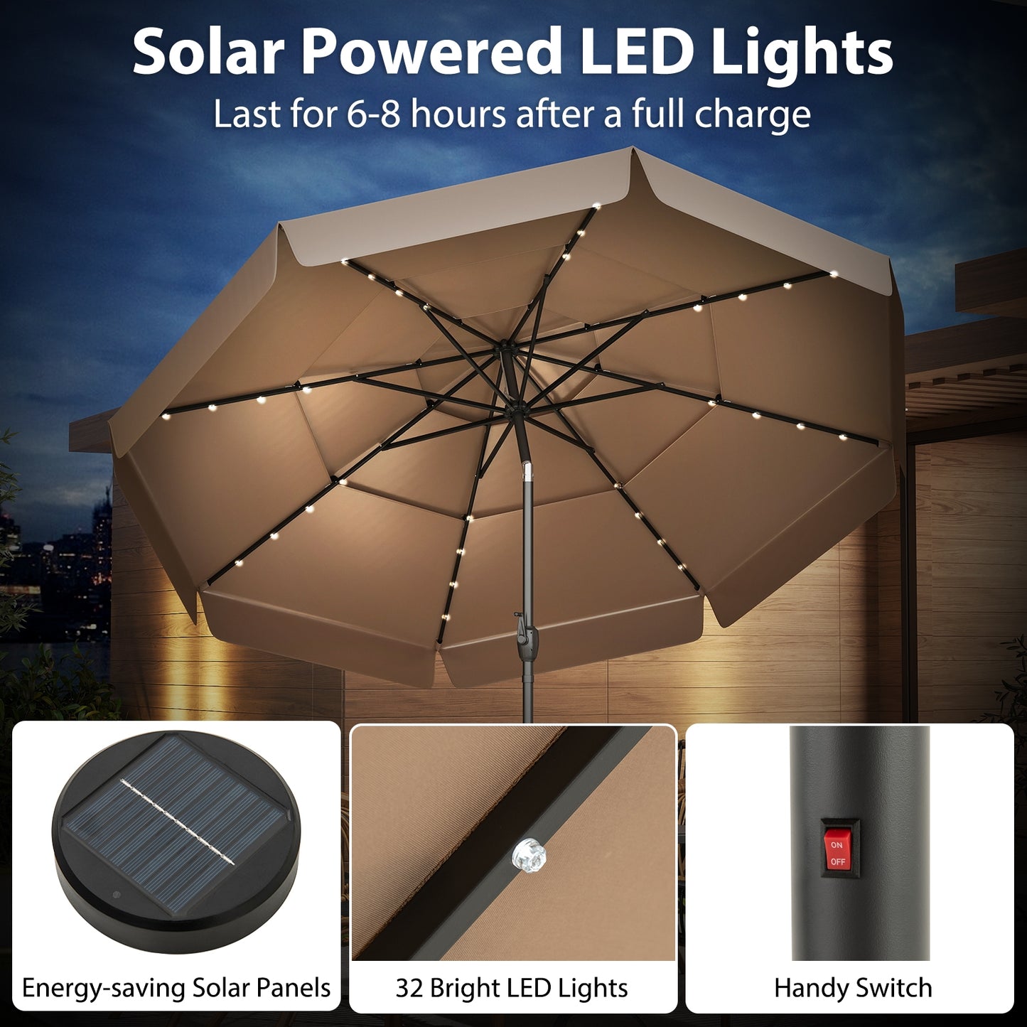 10 Feet Solar Patio Umbrella with 3-Tier Vented Top, Taupe Outdoor Umbrellas at Gallery Canada