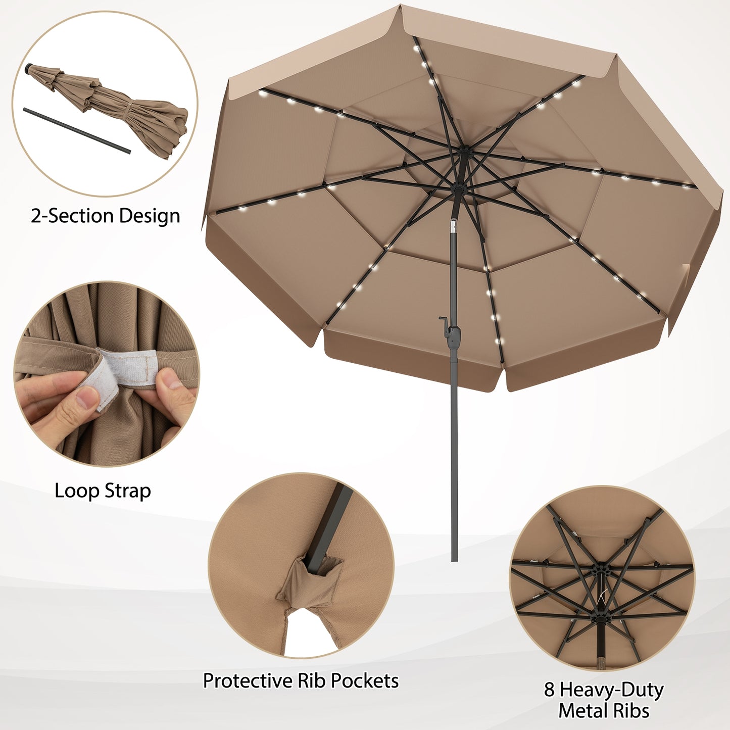 10 Feet Solar Patio Umbrella with 3-Tier Vented Top, Taupe Outdoor Umbrellas at Gallery Canada