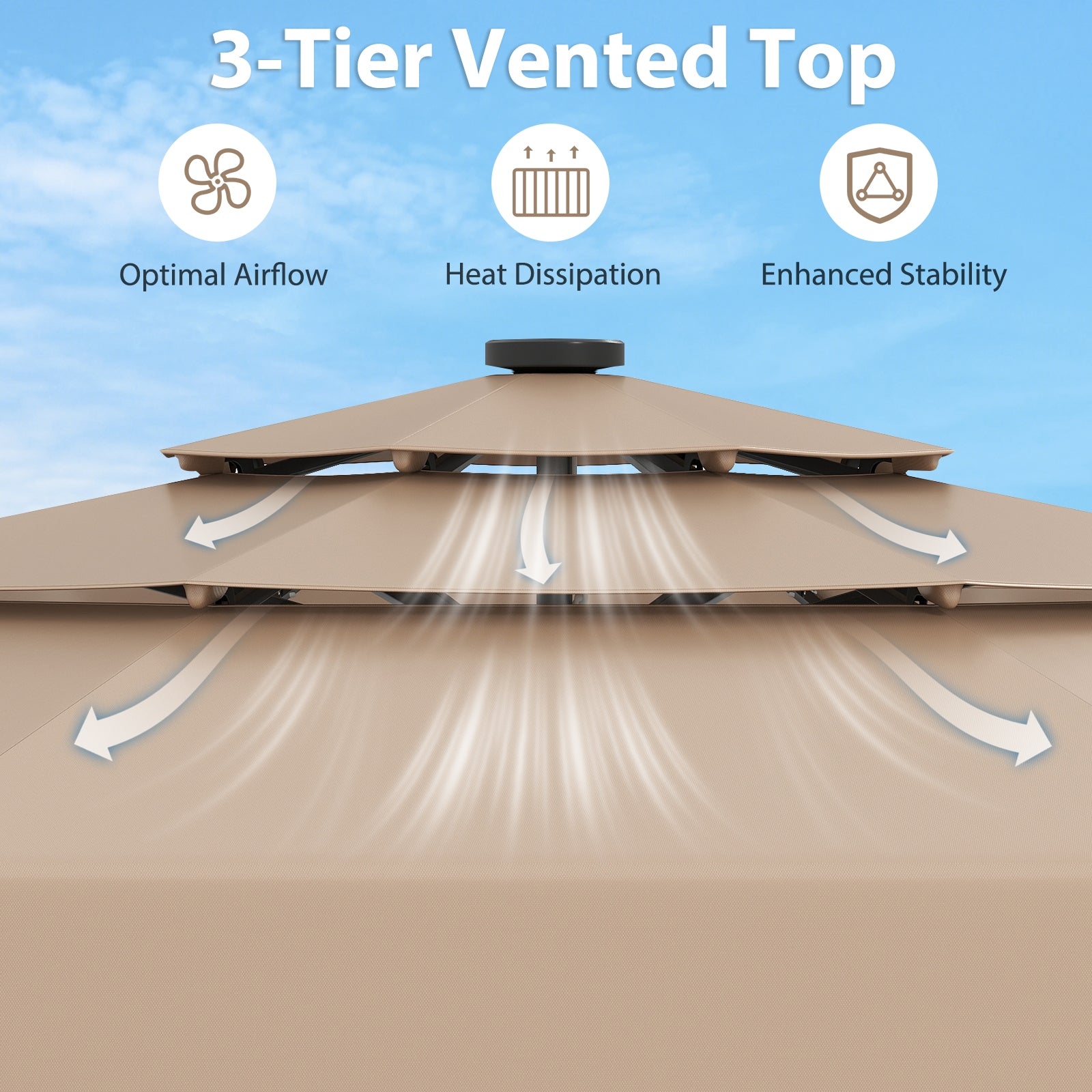 10 Feet Solar Patio Umbrella with 3-Tier Vented Top, Taupe Outdoor Umbrellas at Gallery Canada