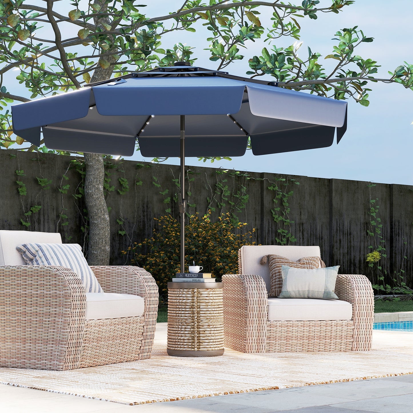 10 Feet Solar Patio Umbrella, 3-Tier Vented Top, Navy Outdoor Umbrellas at Gallery Canada