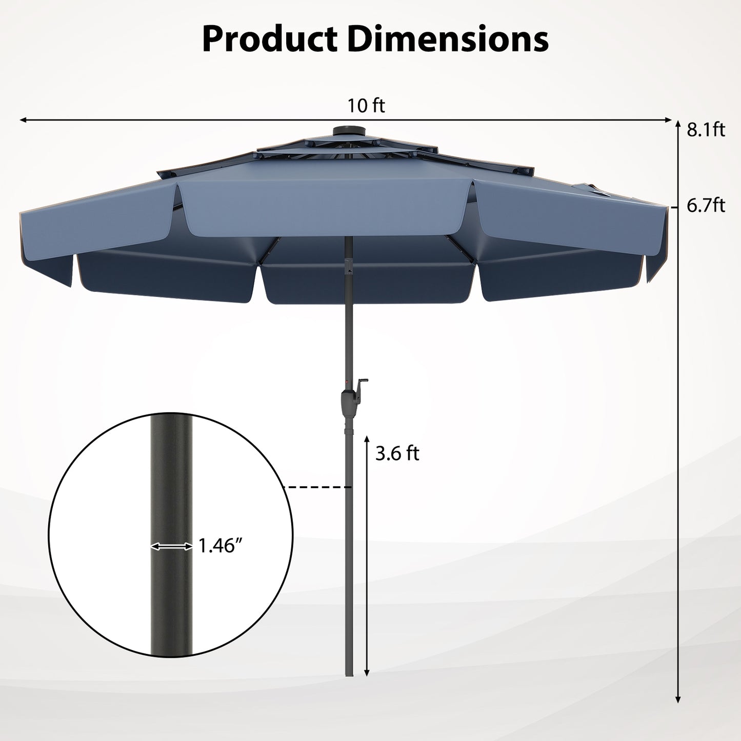 10 Feet Solar Patio Umbrella, 3-Tier Vented Top, Navy Outdoor Umbrellas at Gallery Canada