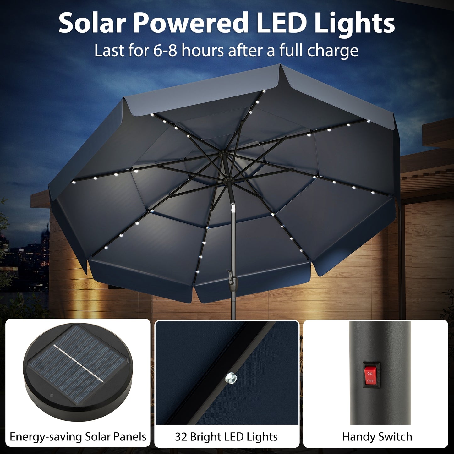 10 Feet Solar Patio Umbrella, 3-Tier Vented Top, Navy Outdoor Umbrellas at Gallery Canada