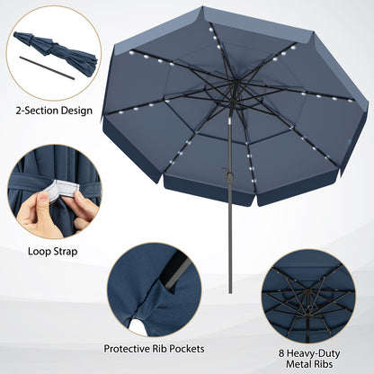 10 Feet Solar Patio Umbrella, 3-Tier Vented Top, Navy Outdoor Umbrellas at Gallery Canada