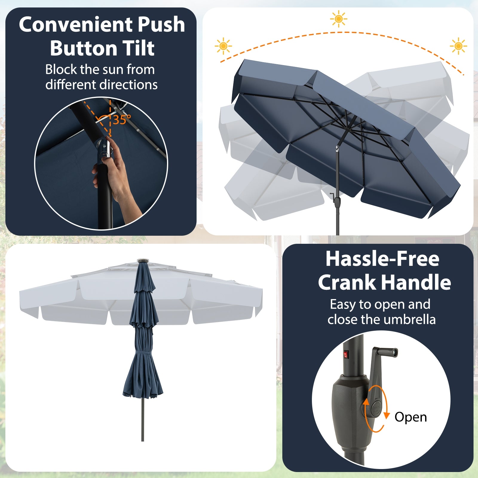10 Feet Solar Patio Umbrella, 3-Tier Vented Top, Navy Outdoor Umbrellas at Gallery Canada