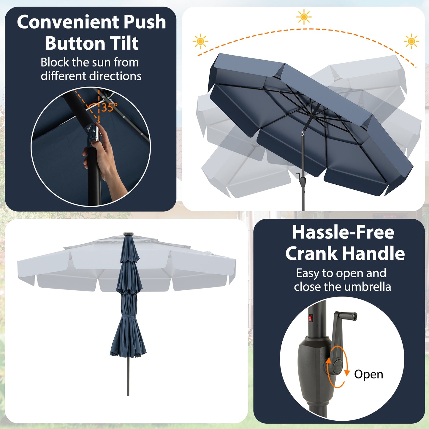 10 Feet Solar Patio Umbrella, 3-Tier Vented Top, Navy Outdoor Umbrellas at Gallery Canada