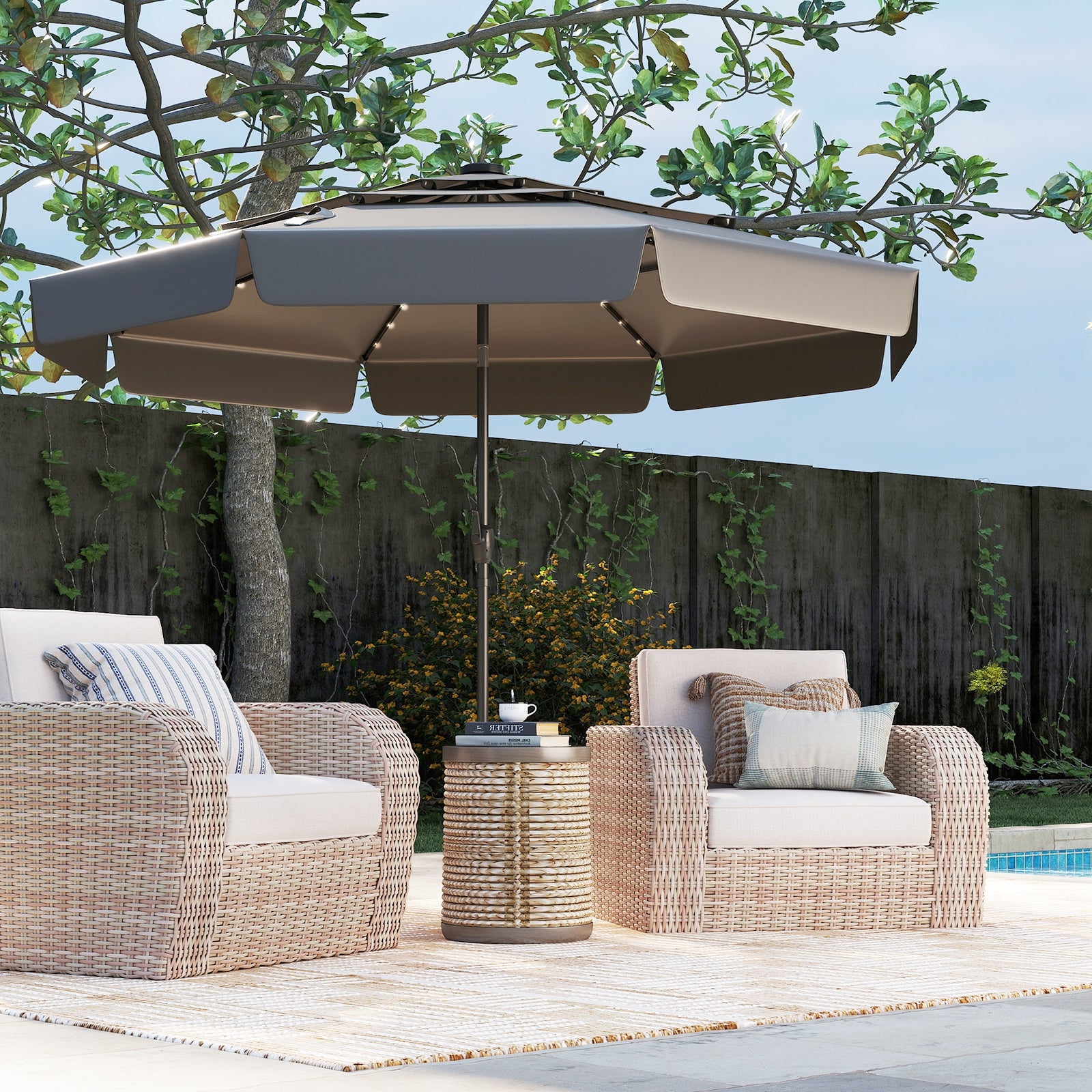 10 Feet Solar Patio Umbrella with 3-Tier Vented Top, Gray Outdoor Umbrellas at Gallery Canada