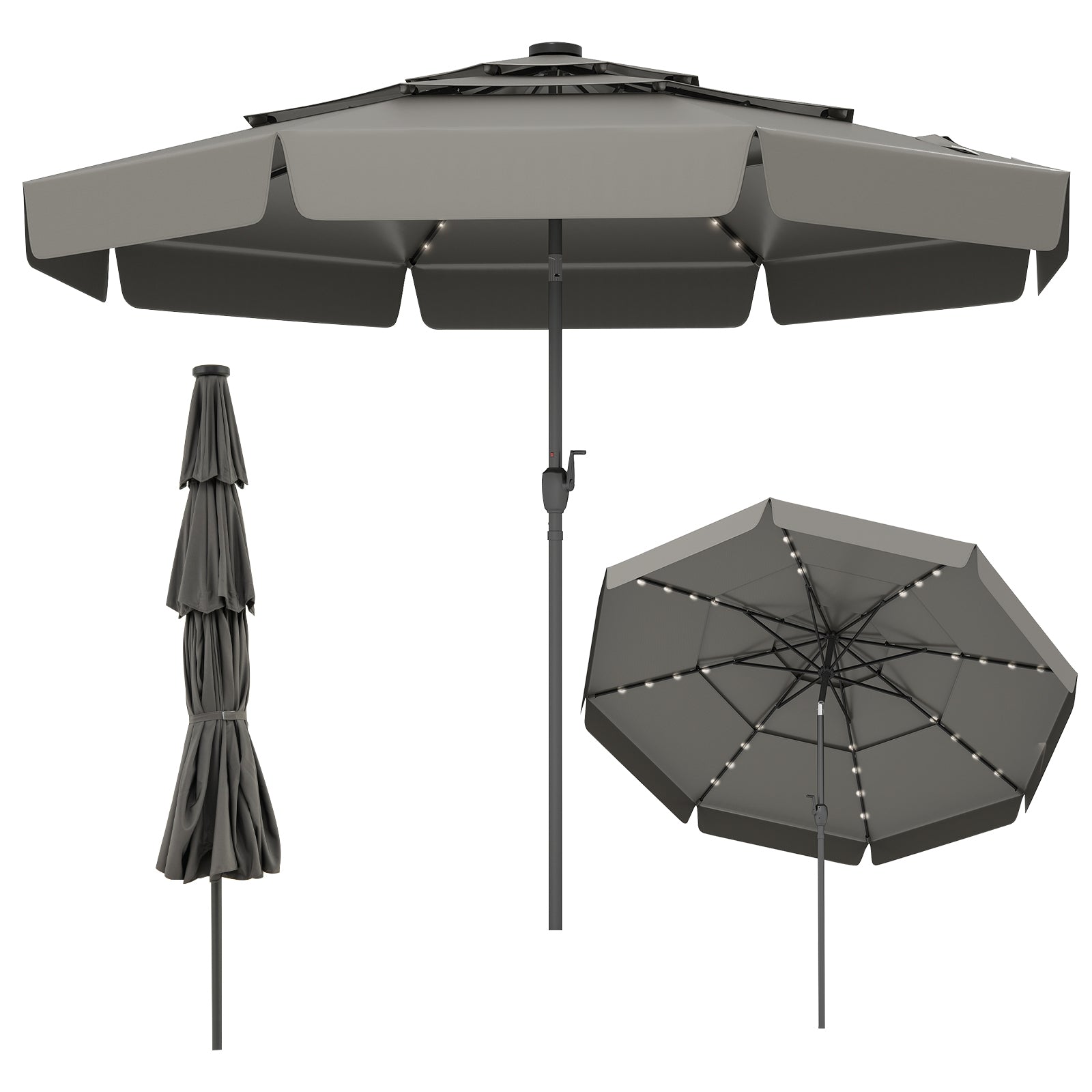 10 Feet Solar Patio Umbrella, 3-Tier Vented Top, Gray Outdoor Umbrellas Gray at Gallery Canada