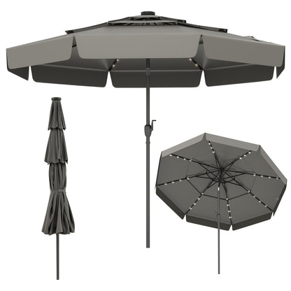 10 Feet Solar Patio Umbrella, 3-Tier Vented Top, Gray Outdoor Umbrellas Gray at Gallery Canada