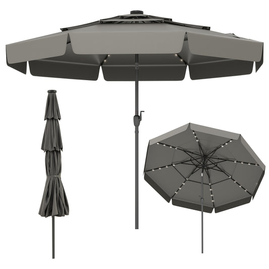 10 Feet Solar Patio Umbrella, 3-Tier Vented Top, Gray Outdoor Umbrellas Gray at Gallery Canada