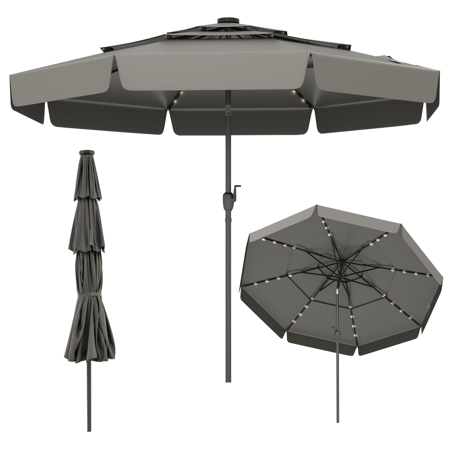 10 Feet Solar Patio Umbrella, 3-Tier Vented Top, Gray