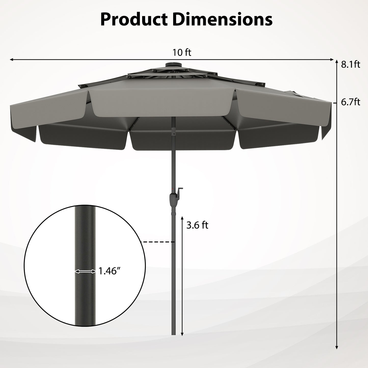 10 Feet Solar Patio Umbrella with 3-Tier Vented Top, Gray Outdoor Umbrellas at Gallery Canada