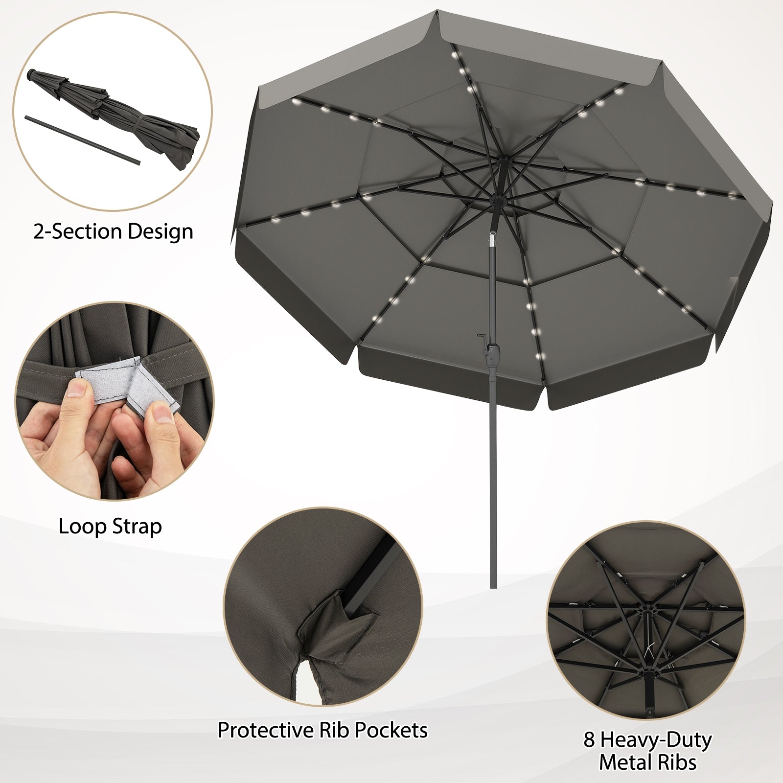 10 Feet Solar Patio Umbrella with 3-Tier Vented Top, Gray Outdoor Umbrellas at Gallery Canada