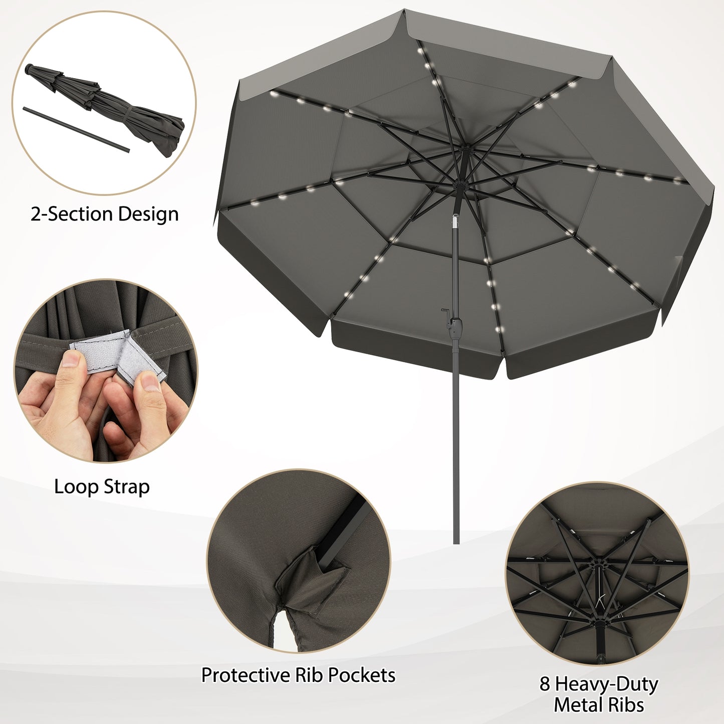 10 Feet Solar Patio Umbrella with 3-Tier Vented Top, Gray Outdoor Umbrellas at Gallery Canada