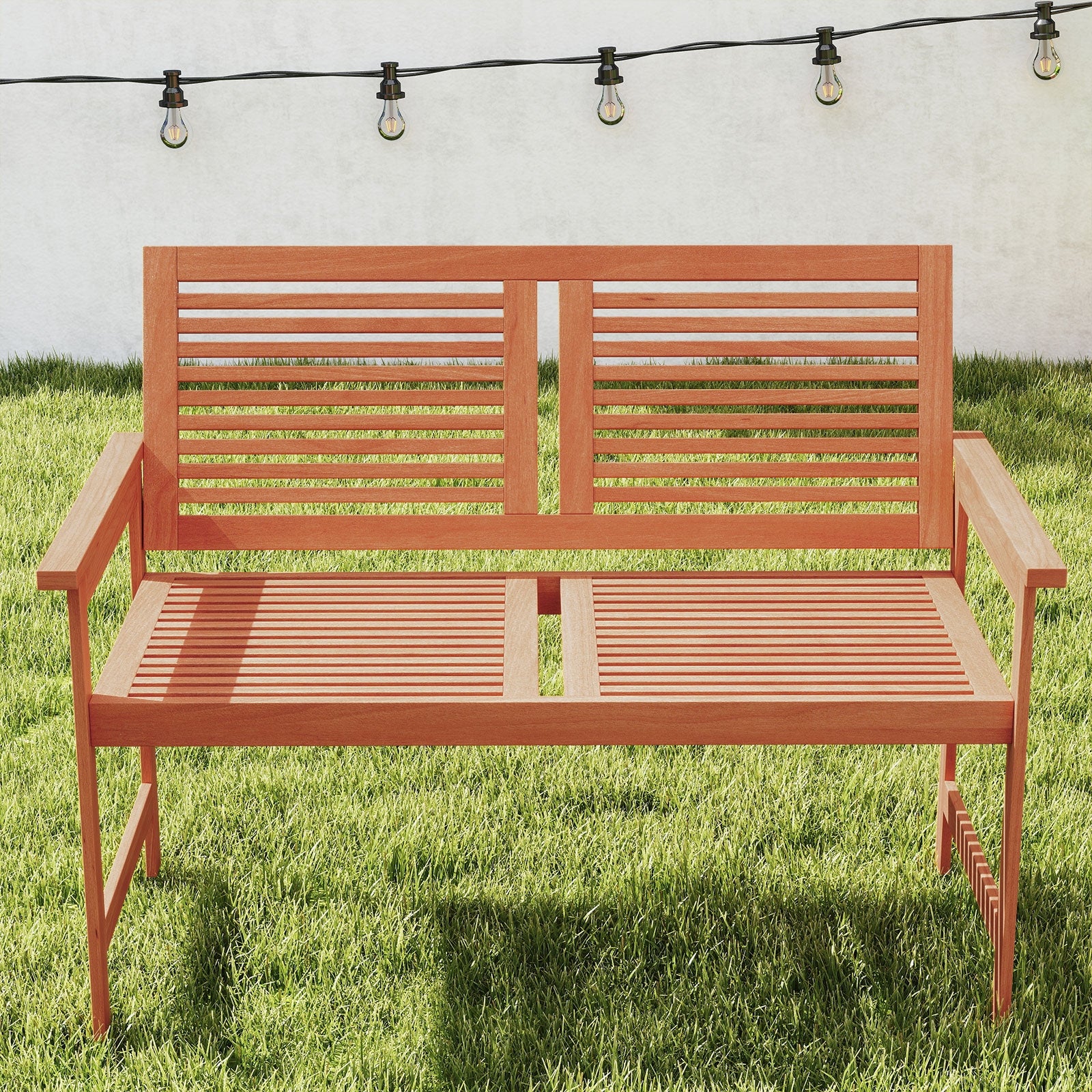 Outdoor Wooden Bench 2-Person Patio Bench with Slatted Backrest and Seat, Natural Outdoor Benches at Gallery Canada