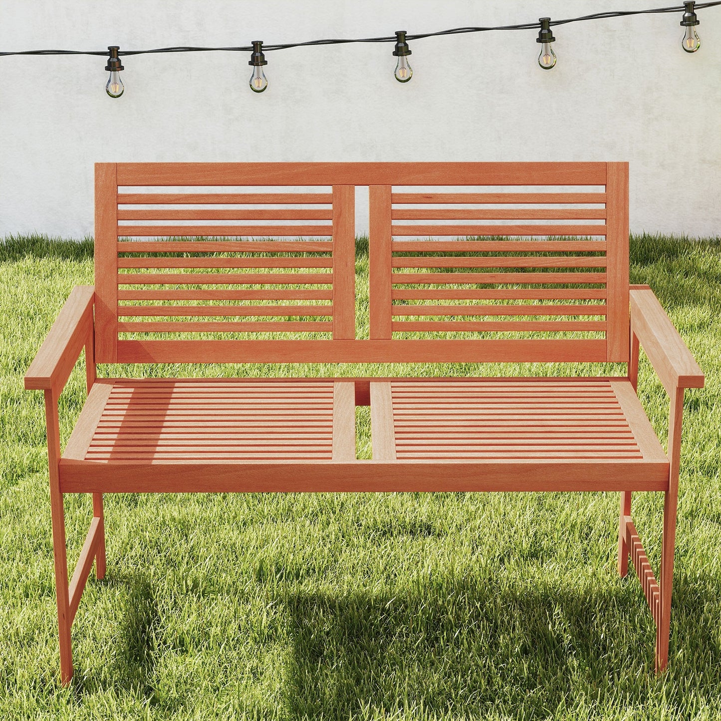 Outdoor Wooden Bench 2-Person Patio Bench with Slatted Backrest and Seat, Natural Outdoor Benches at Gallery Canada