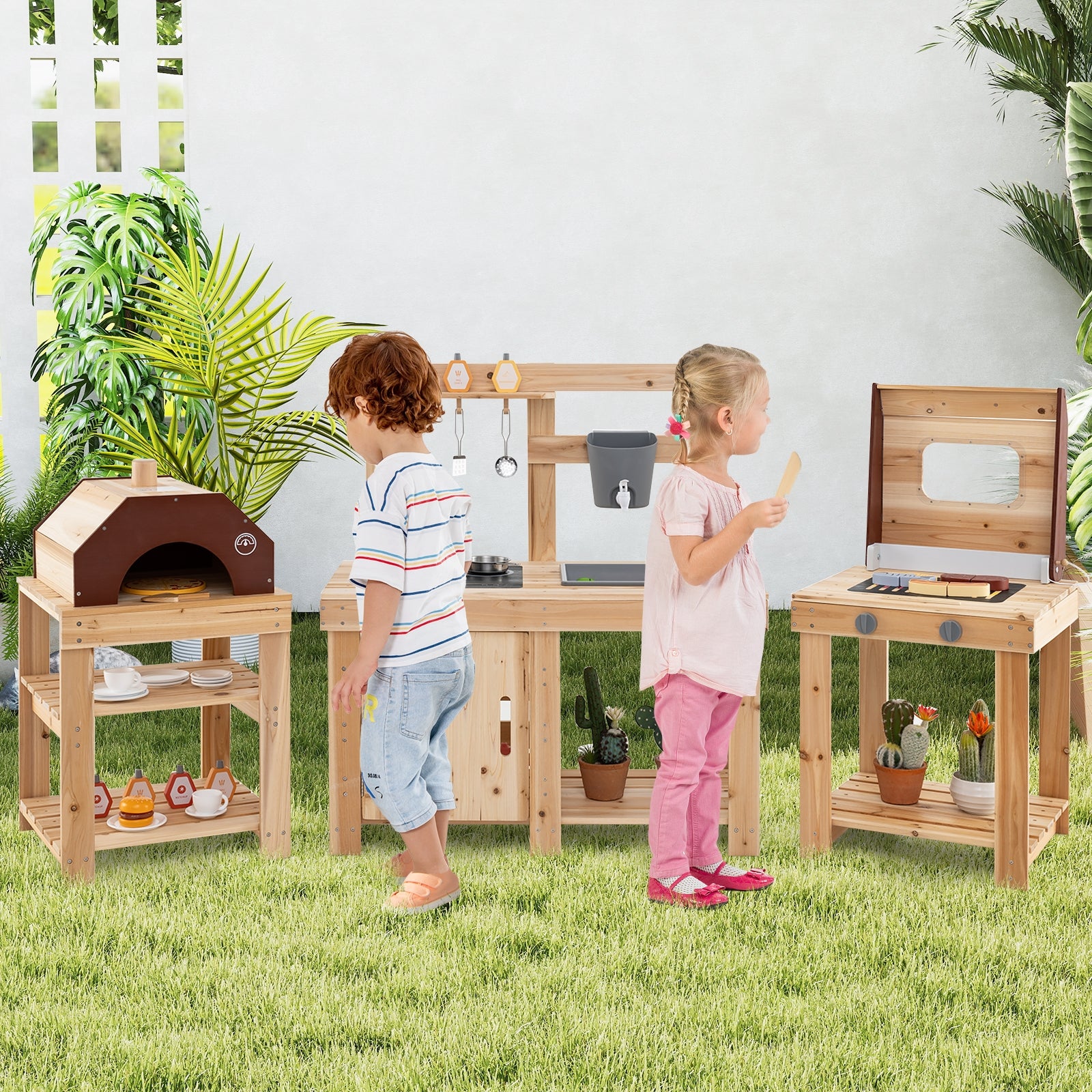 3-Piece Outdoor Kitchen Set Mud Kitchen with Separate BBQ Grill and Pizza Oven, Natural Play Kitchen Sets at Gallery Canada