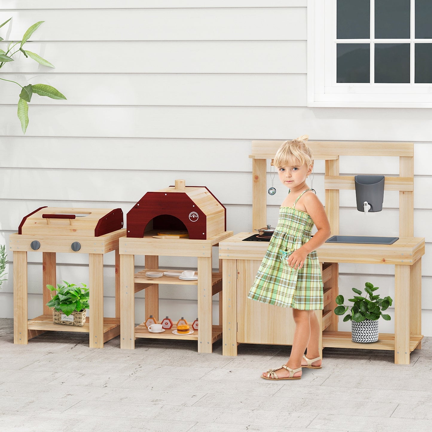 3-Piece Outdoor Kitchen Set Mud Kitchen with Separate BBQ Grill and Pizza Oven, Natural Play Kitchen Sets at Gallery Canada