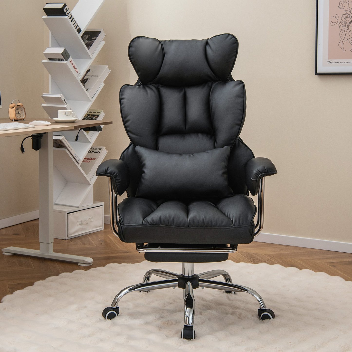 Adjustable Swivel Office Chair with Reclining Backrest and Retractable Footrest, Black