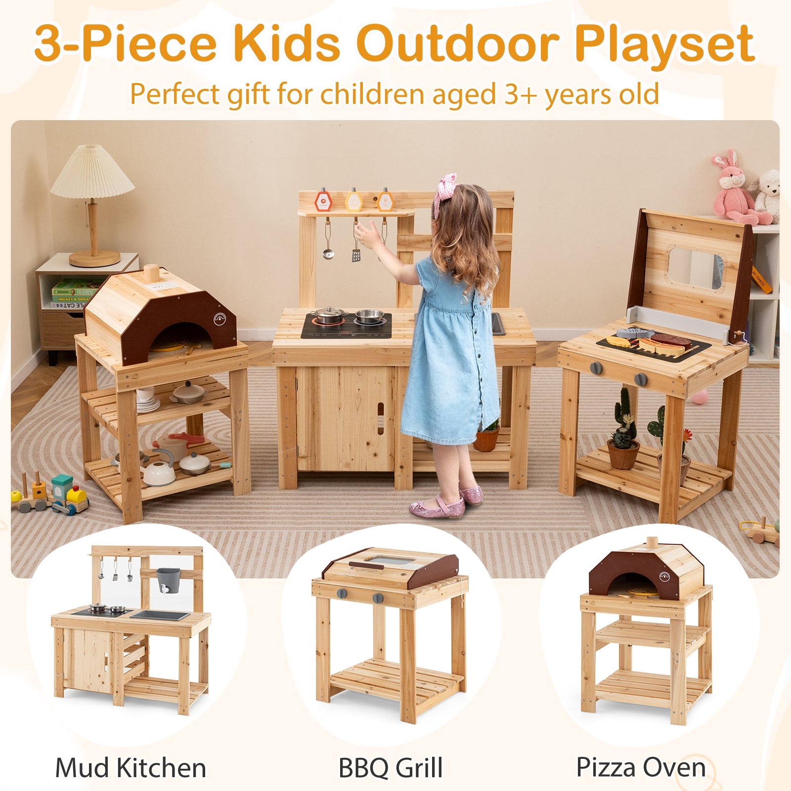 3-Piece Outdoor Kitchen Set Mud Kitchen with Separate BBQ Grill and Pizza Oven, Natural Play Kitchen Sets at Gallery Canada