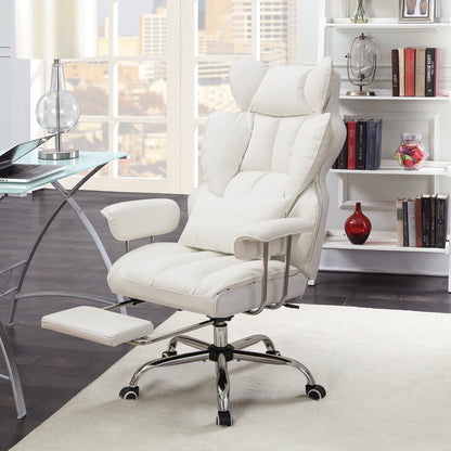 Adjustable Swivel Office Chair with Reclining Backrest and Retractable Footrest, White